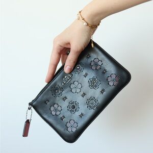 Coach Black Floral Leather Wristlet